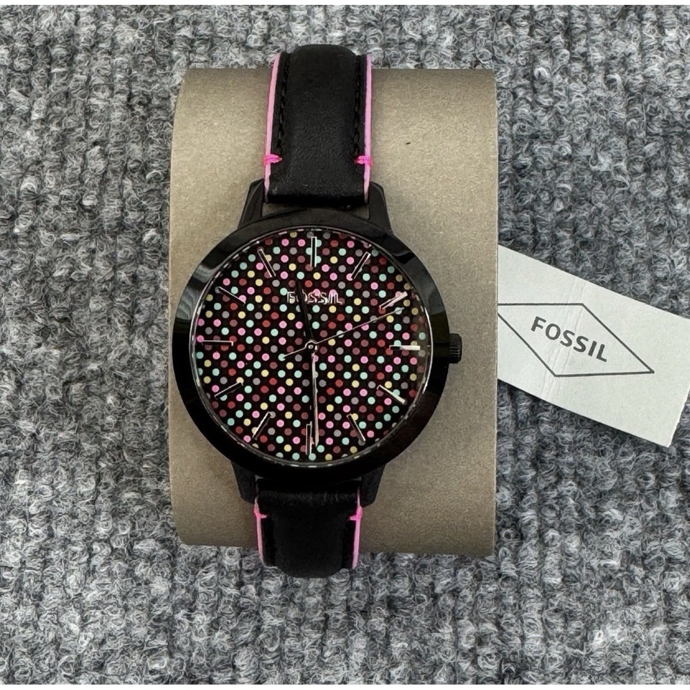 Fossil Watch BQ3151 Polka Dot Black Dial‎ Black Leather Strap Women's UNTESTED